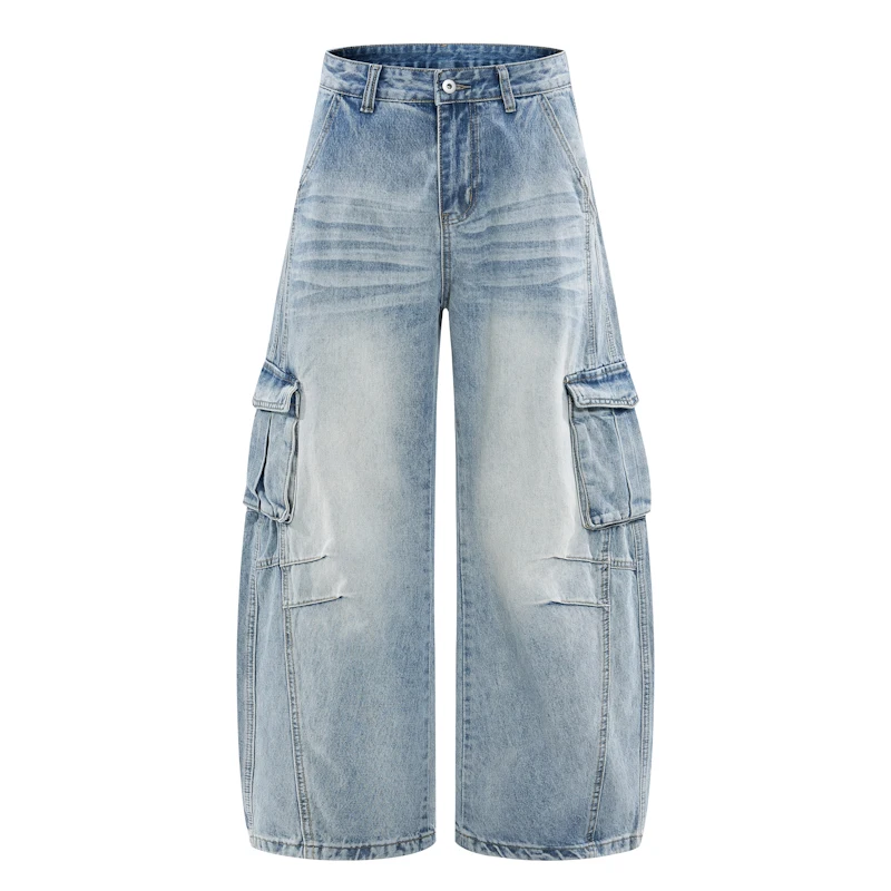 Workwear Men's Cargo Jeans Multi Pocket Light Wash Wide Leg Baggy Casual Pants