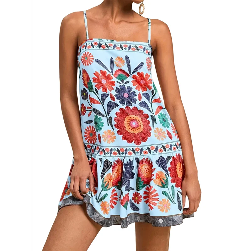 【SEE】Vestito da donna floreale Boho Flowy Mini Cami- Abito con volant e cinturino per spaghetti Abiti da vacanza