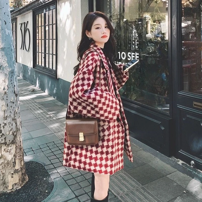 

Women's Vintage Red Plaid Wool Coat With Faux Lining, UK Style Loose Blazer, Cozy Oversized Trench, Korean Fashion Relaxed Fit