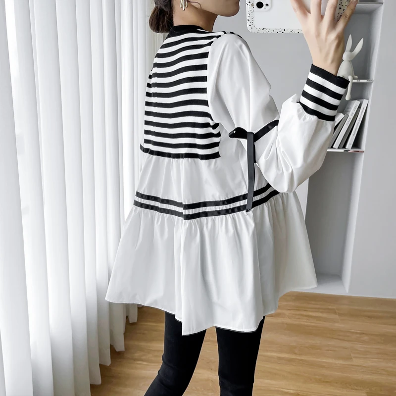 Korean Style Spring Autumn Loose Stripe Pregnant Women Cotton Shirts Plus Size Maternity Clothes Black White Patchwork Blouses