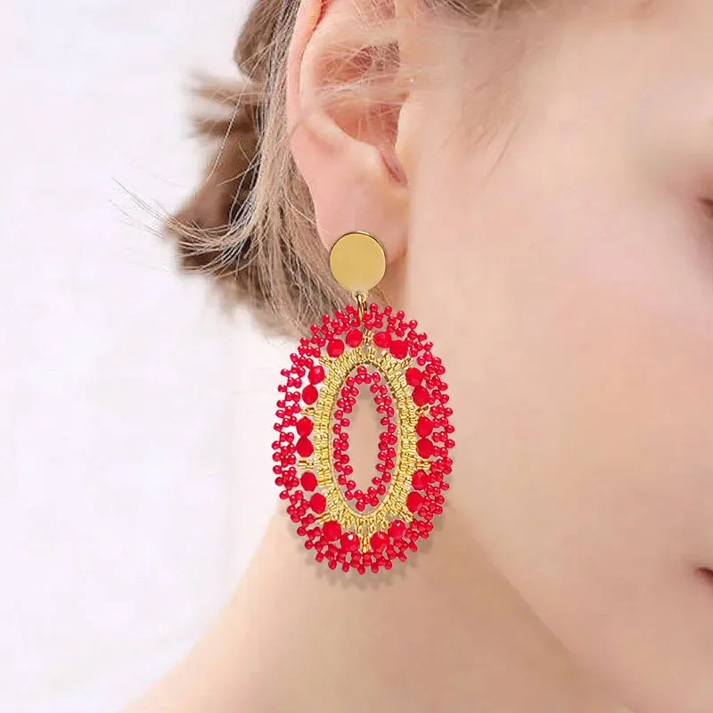 

2025 Handmade Bead Earring Ellipse Originality Hollow Out Crystal Hand Knitting Bohemia Beaded Earrings for Women