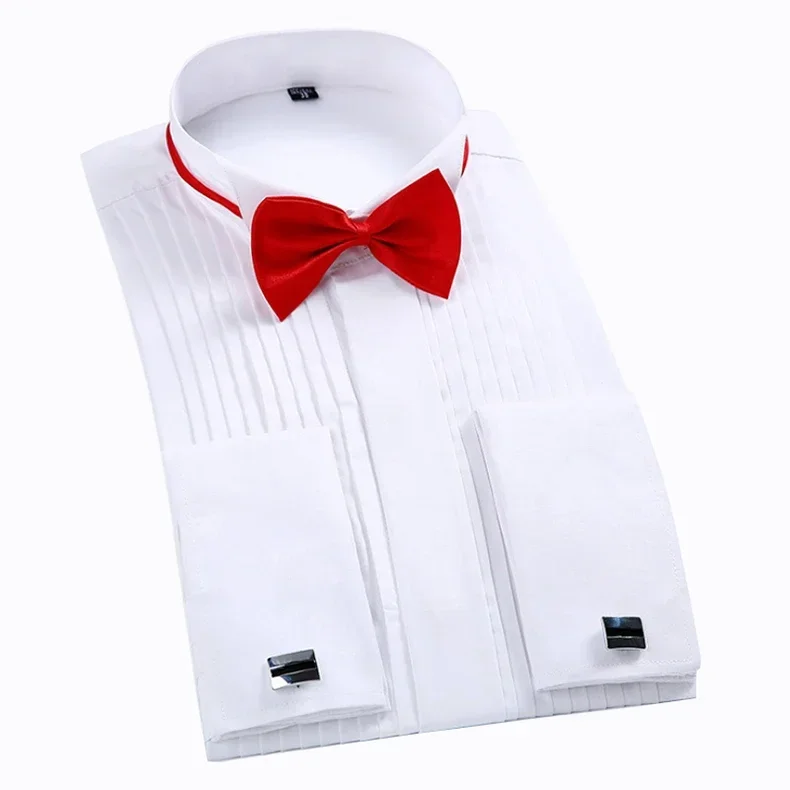 Mens Wing Tip Collar Dress Shirt White Red French Cuff Button Men Wedding Shirt Business Formal Party Tuxedo Dress Shirts Bowtie