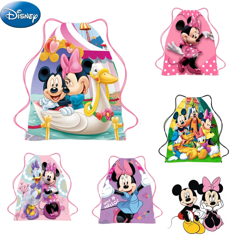 Disney-mochila con cordón para niños, Bolsa Escolar de dibujos animados de Mickey, Minnie, regalo de cumpleaños para niños