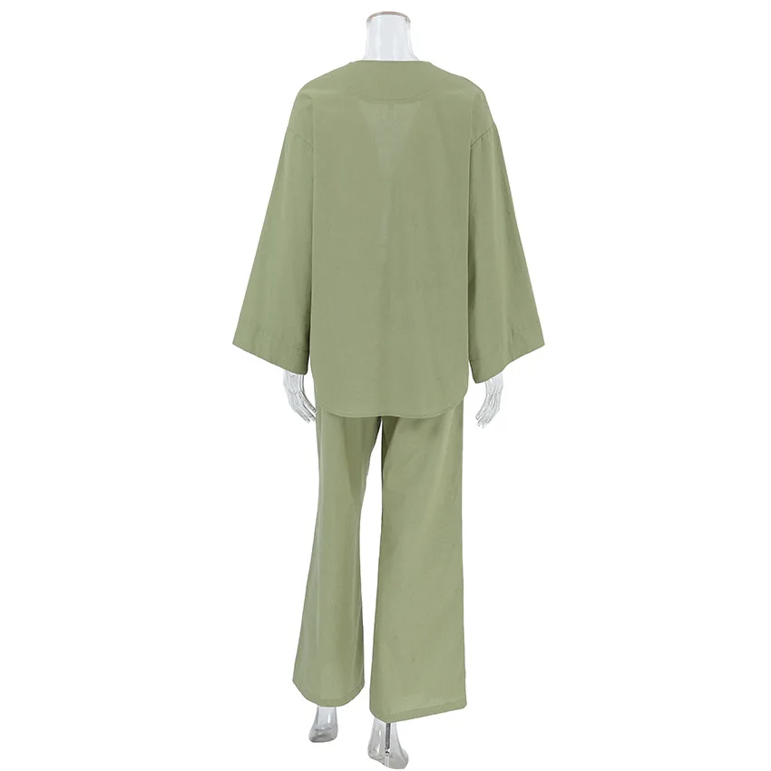 Jyate Green Cotton And Linen Suit V-neck Lace Long-sleeve Trousers Casual 2-piece Suit 2024 Autumn Fashion New Women Outfits