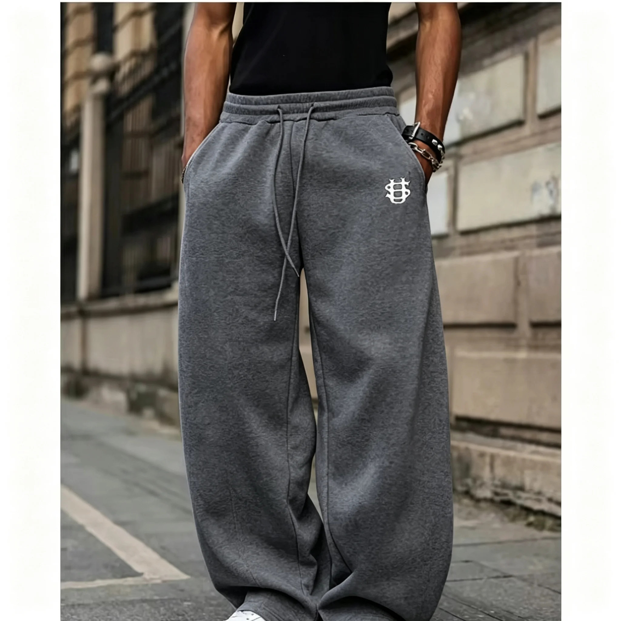 2026 Herren Streetwear Weitbeinige Jogginghose, Dollarzeichen-Stickerei, Lässige Sport-Langhose, Coole Modische Herbsthose, Ideal – Detail 8