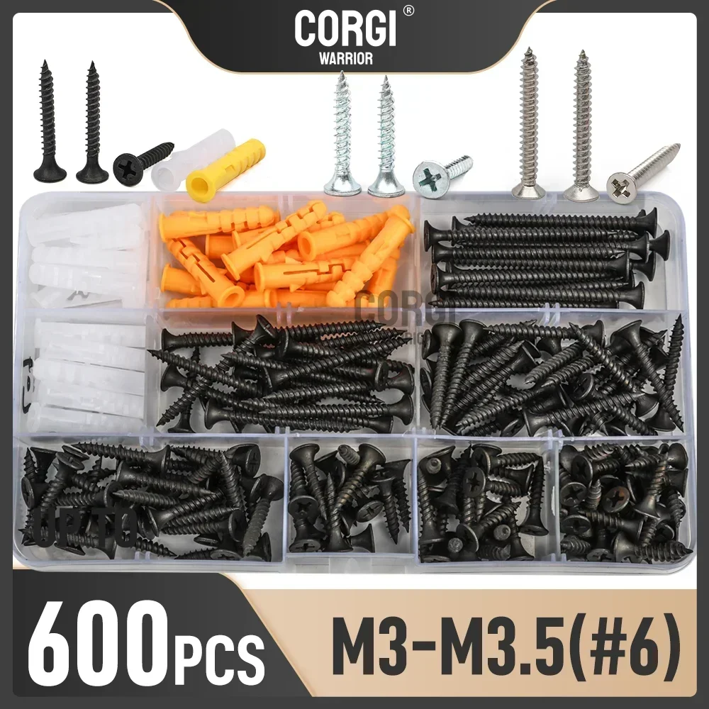 M3 M3.5 #6 up to 600 Wood Screws Assortment Set Phillips Flat Head Self-Tapping Screw Kit White Black Galvanized Carbon Steel