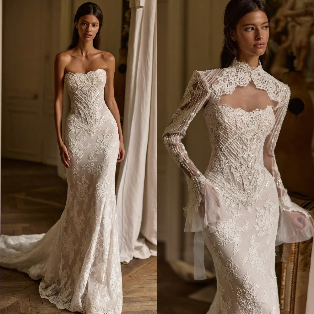 Luxury Mermaid Wedding Dresses Sexy Sweetheart Shining Applicants Lace Backless Sweep Train Bridal Gowns Customized Robe