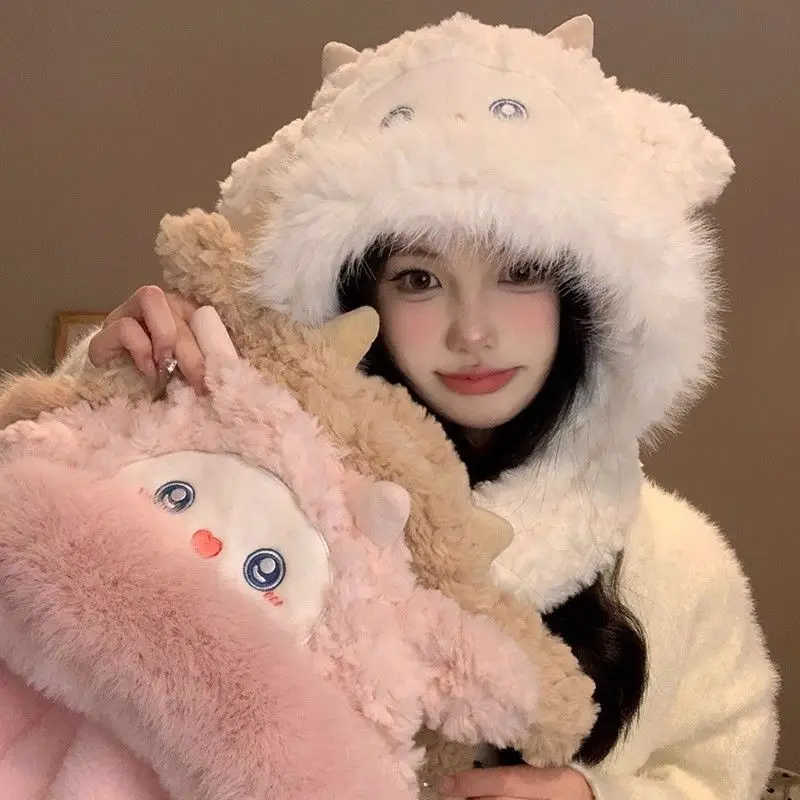 Kawaii Scarf Hat Fluffy Lamb Autumn Winter Japanese Keep Warm Faux Fur Cute Harajuku Subculture Sweet Style Women  Scarf Cap