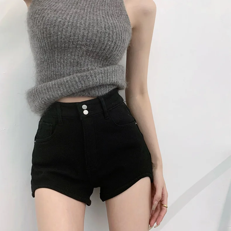 

High Street Black Jean Shorts for Women Casual Sexy Hip Lift High Waist Denim Short Jeans Female Women Jeans Black Shorts A02