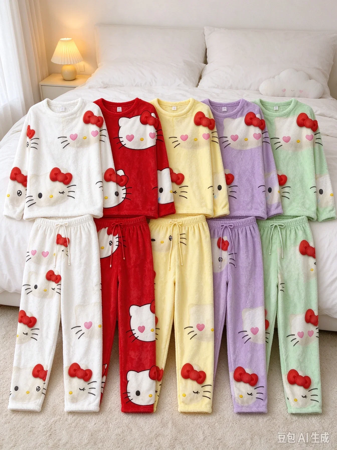 Hello Kitty 3D Bow Heart Cartoon Print Coral Fleece Pajama Set Soft Loose Winter Unisex 2Pcs Loungewear FamilyMatching