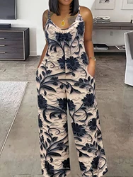 Floral Print Spaghetti Strap Jumpsuit, Casual Sleeveless Wide Leg Dual Pockets Jumpsuit For Spring & Summer, Women's Clothing