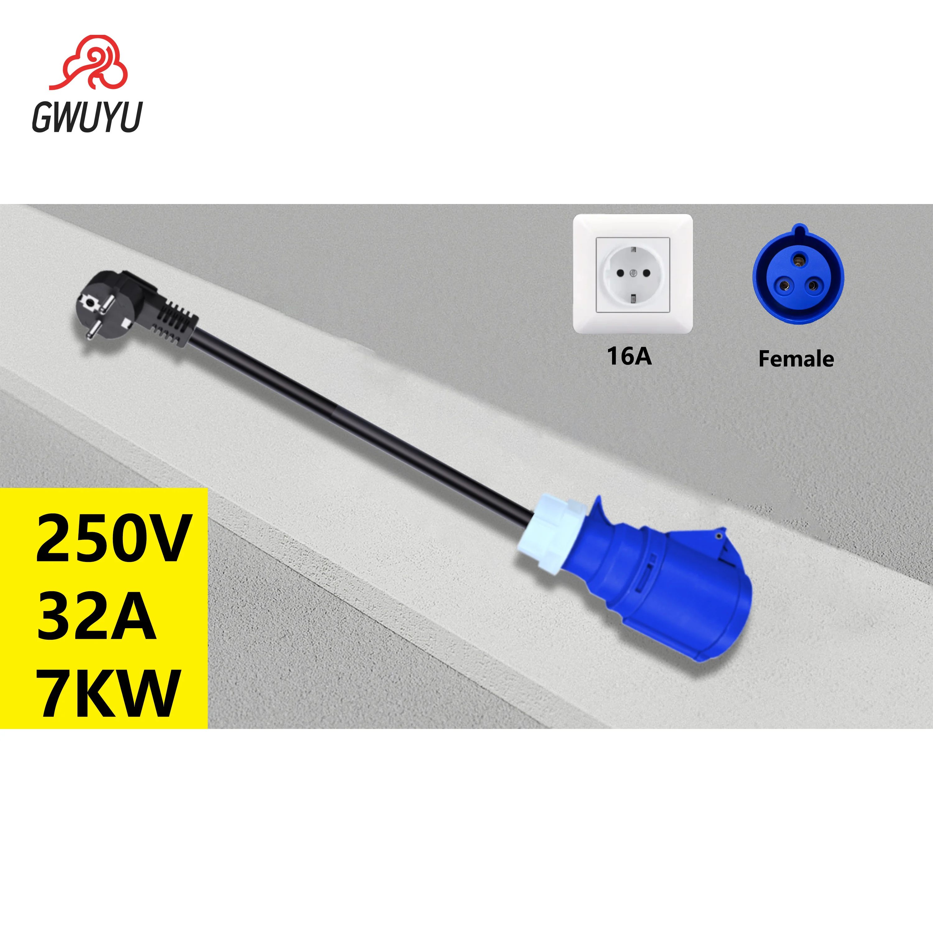 GWUYU Charger CEE Female Plug 3 Pins Bule CEE to Schuko Adapter Wall Socket Extend Cable Connect with 7KW 32A 1Phase Charger