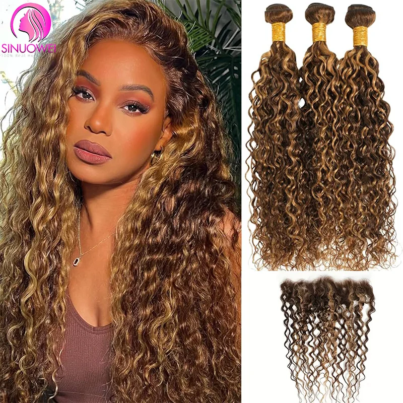 Highlight Water Wave P4/27 Bundles With Front 3/4 Bundles With Frontal Brazilian Human Hair Weave Bundles With 13×4 Lace Frontal