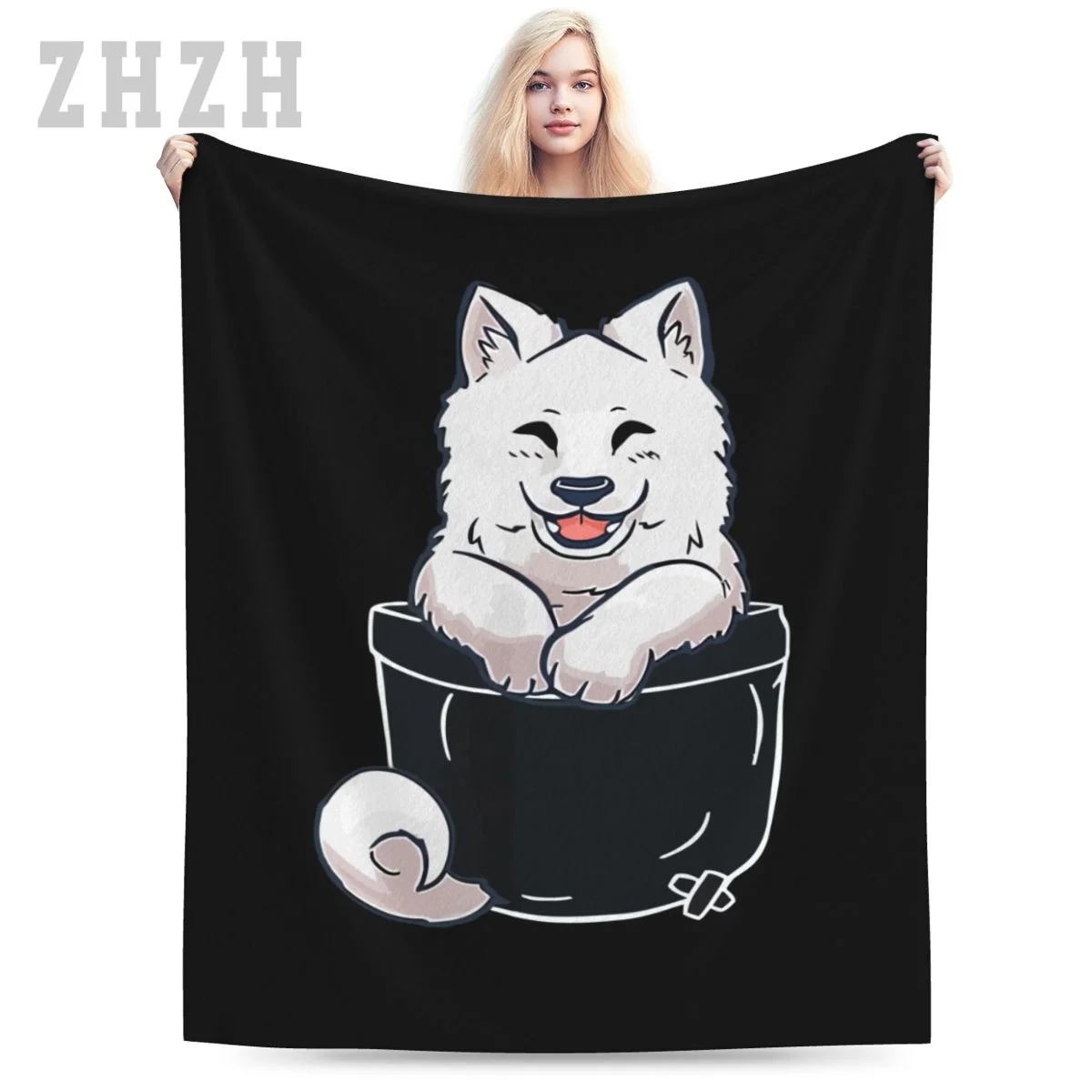 Blanket Samoyed Shirt Funny Samoyed Puppy In The Pocket Samoyed Dog Flannel Multifunction Outdoor Camping Sofa Cover Keep Warm