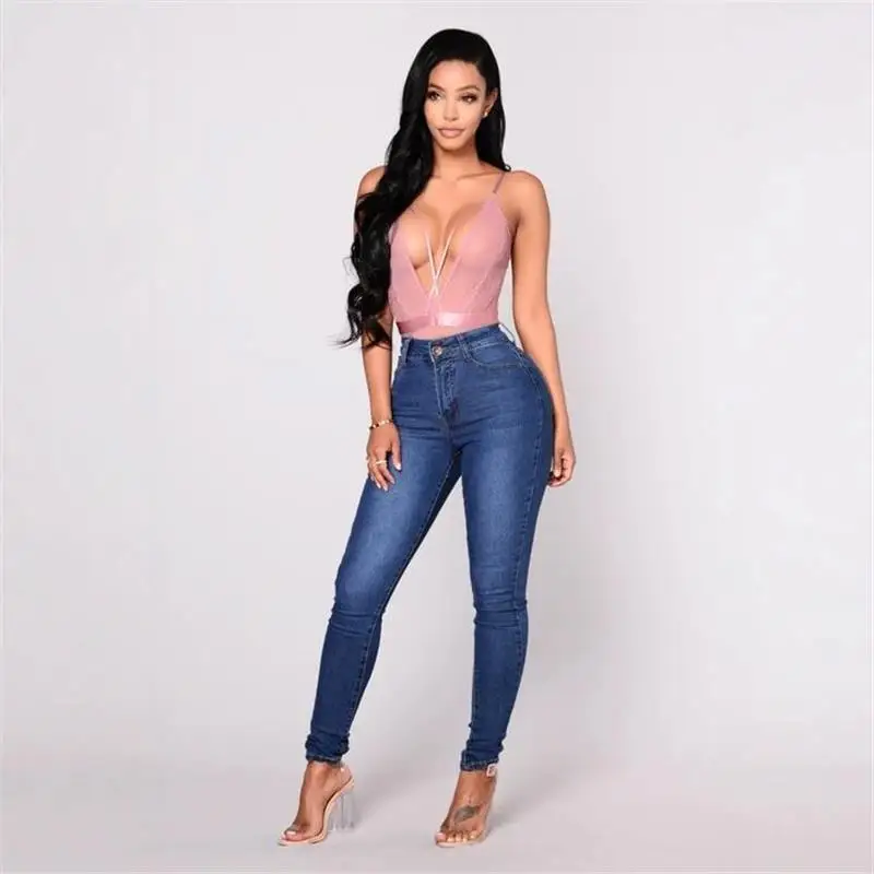 

Slimming High Waist Elastic Denim Pants Ladies Pencil Jeans Casual Bla Color mid Stretch Chinese Production Ladies Faion
