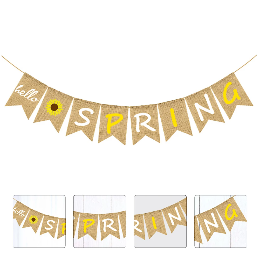 1Set Sunflower Fishtail Banner Linen Hello Spring Decorative Party Flags Holiday Wall Hanging Backdrop Banner Christmas String