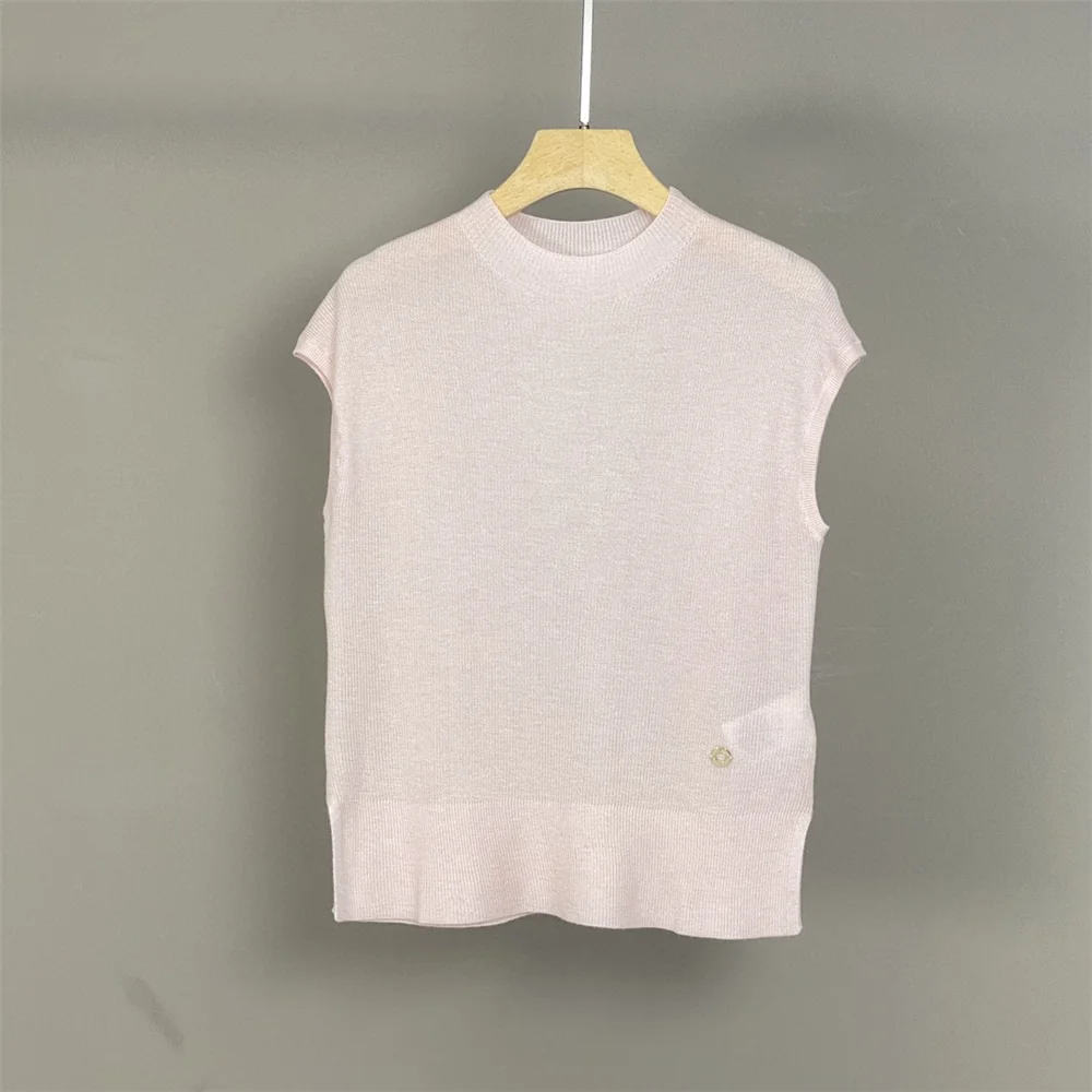 Chaleco de punto versátil de moda de lana de manga corta con cuello redondo para mujer de verano