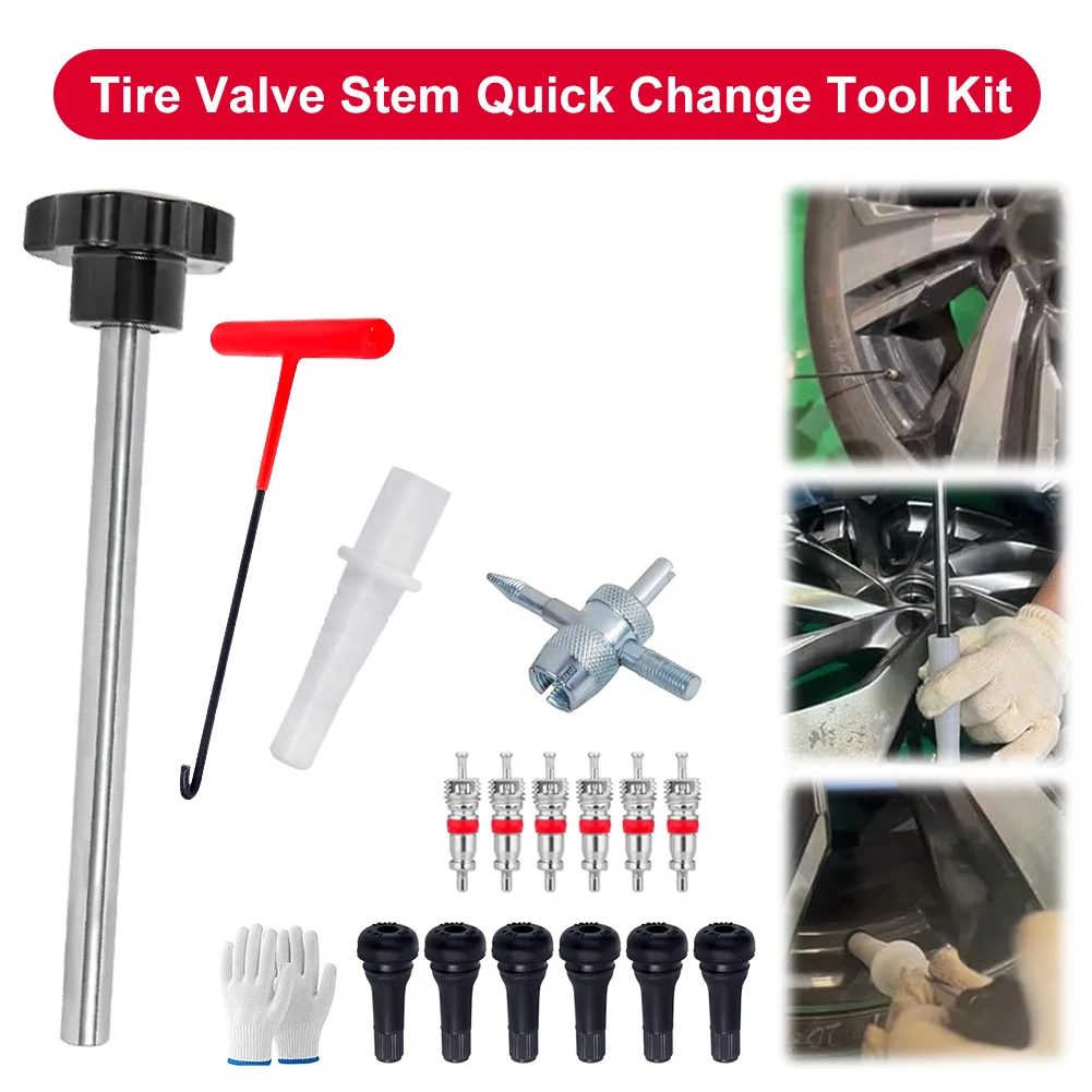 

Tire Valve Stem Core Quickly Replacement Tool Kit with 6 TR413 Valve Quick Change Tire Valve Core Tool Kit 4-Way Valve Tool