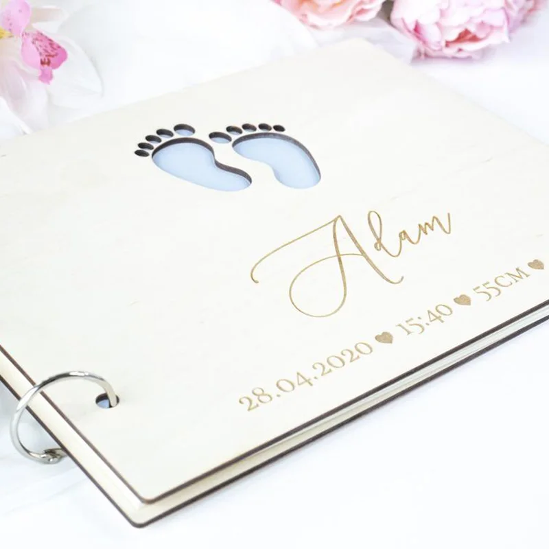 Little feet Personalized Wooden Photo Album for Baby, Memory Book, First Year Journal Unique Gift Baby Shower Birthday