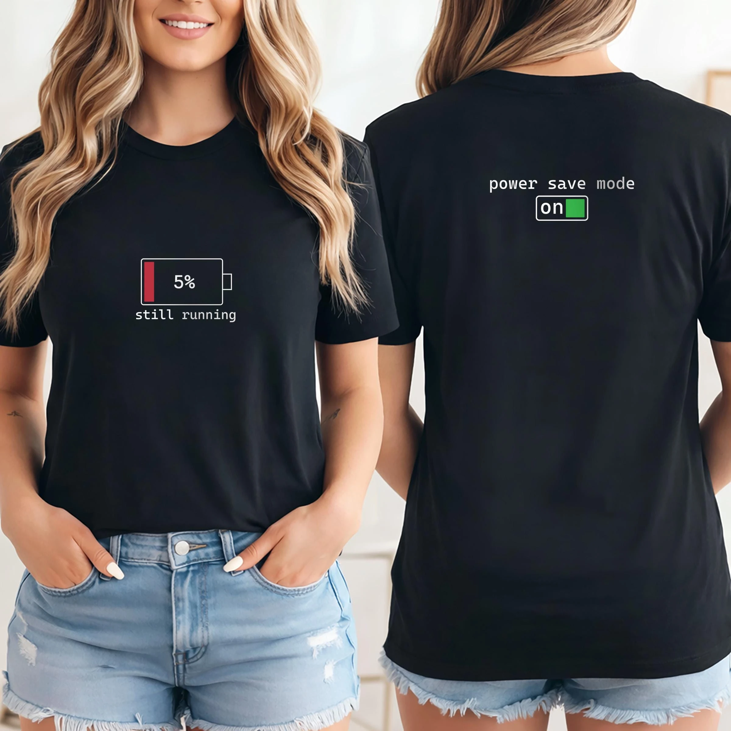 Front Back Funny Battery Graphic T-shirt 5% Energy Still Working Slogan Print Soft Cotton Loose Lazy Mood Daily Short Sleeve