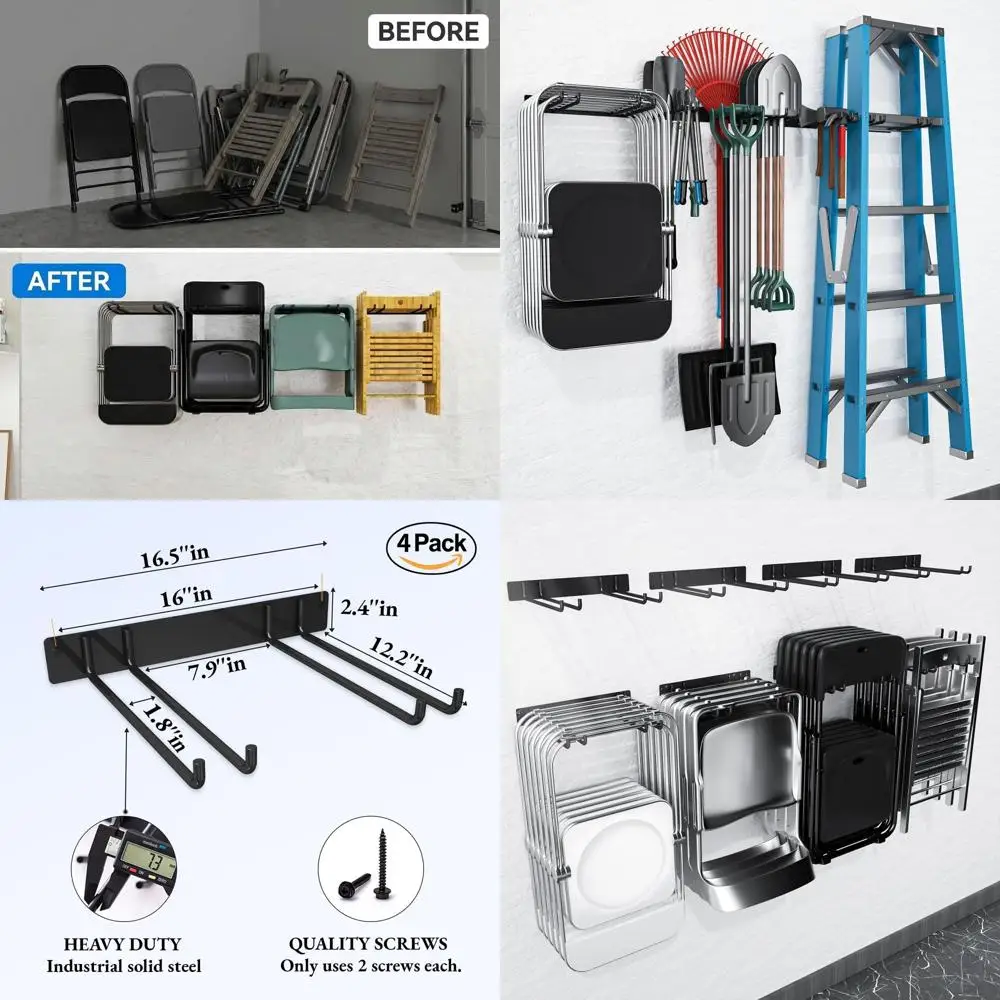 

Wall-Mounted Chair Storage Rack, 4-Pack, Holds 480 lbs, Ideal for Garden, Garage, Patio, and Camping Chair Organization