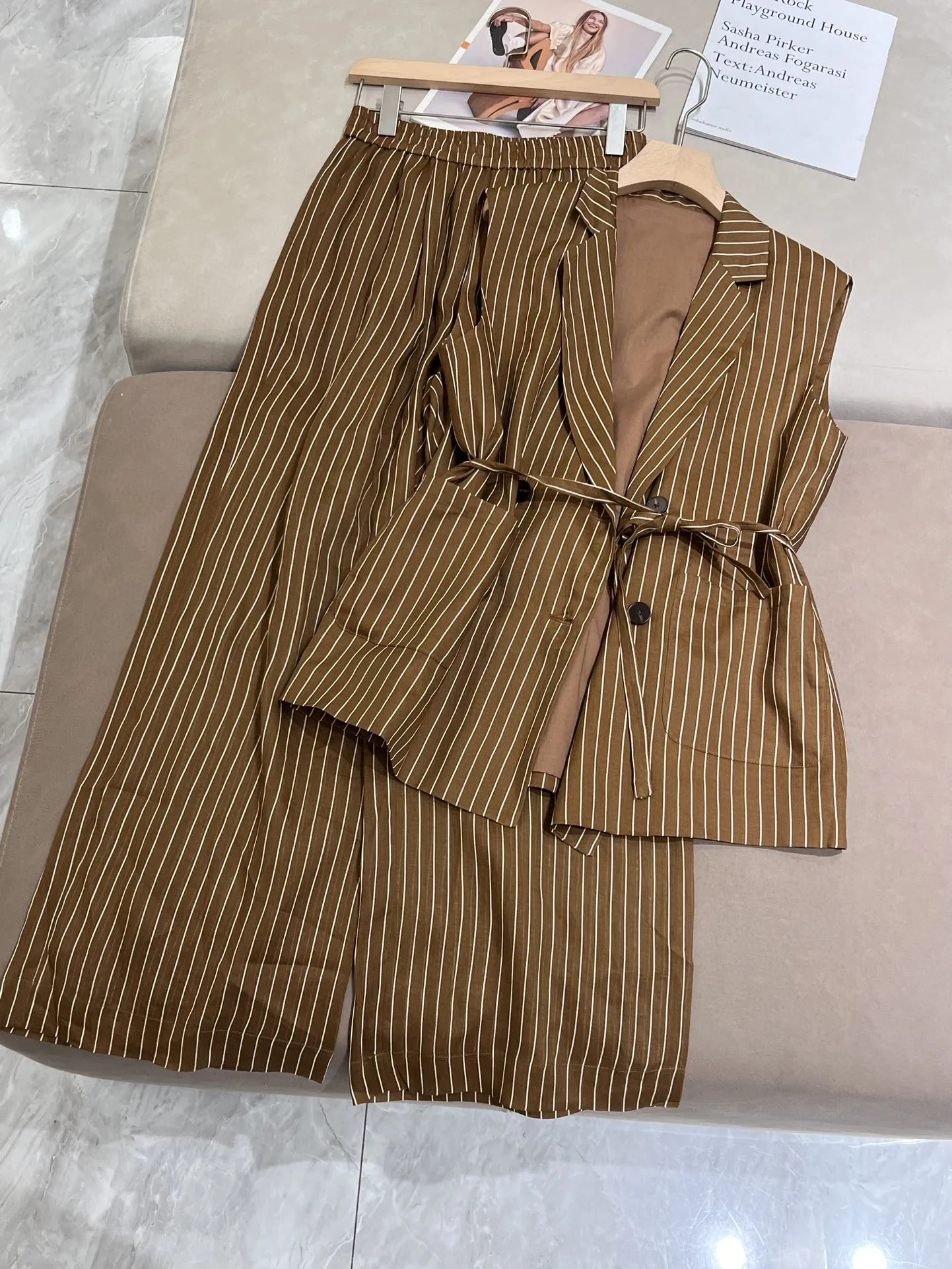 Spring summer striped 100% ramie cotton blend casual pant suit