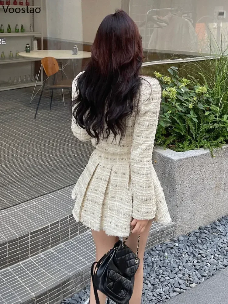 Autumn Winter Korean Skirts 2 Piece Set Women Elegant Bow Short Tweed Jacket Coat Mini Skirt Suit Female Sweet Two Piece Outfits