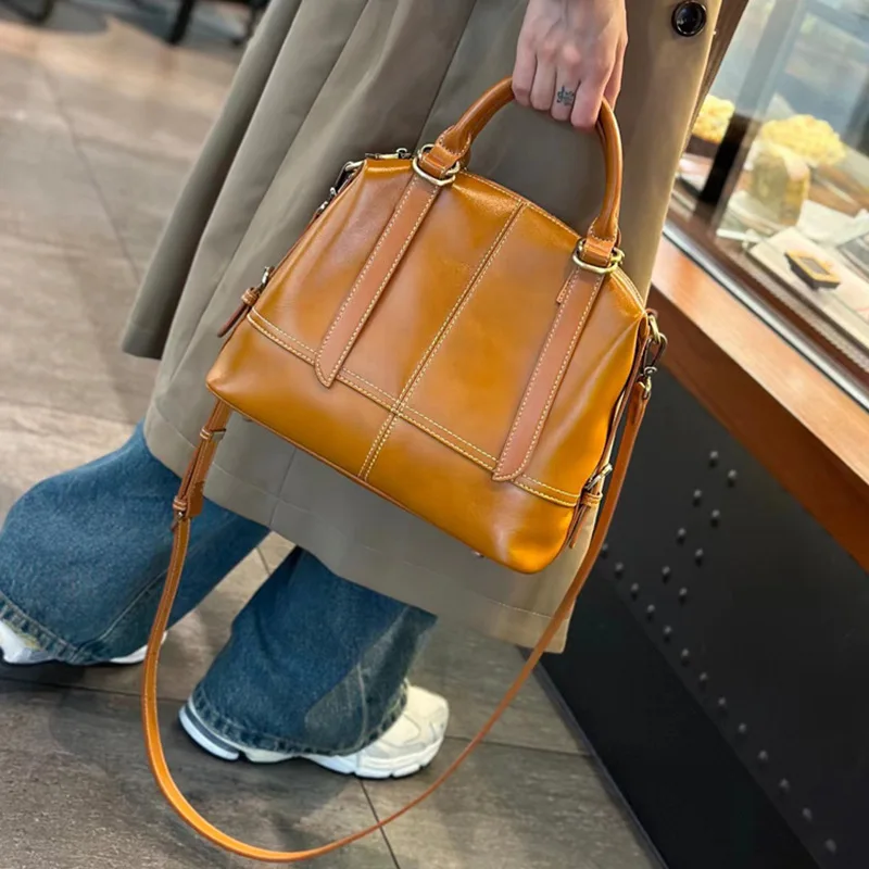 2026 Summer New Women's Top Grain Genuine Leather Large Capacity Top Handle Crossbody Bag, Casual Trendy Daily Shoulder Handbags