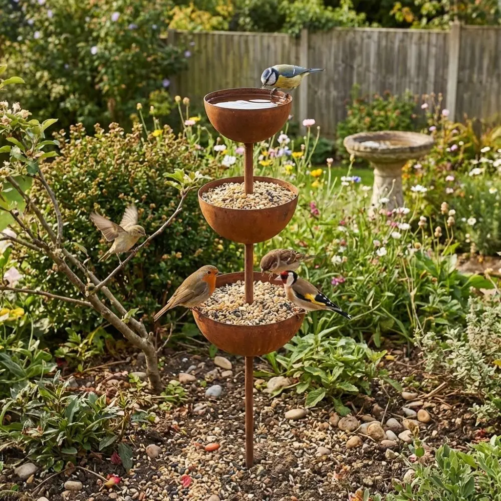 3-Tier Bowl Metal Bird Bath Vintage Iron Rusted Garden Rain Catcher Garden Stake Decorative Bird Feeding Station Patio Backyard