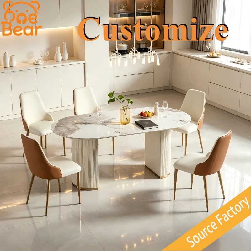 Glossy Oval Sintered Stone Dining Table, Luxury Fluted Double Column Base, Cream Texture Furniture for Home Dining Room
