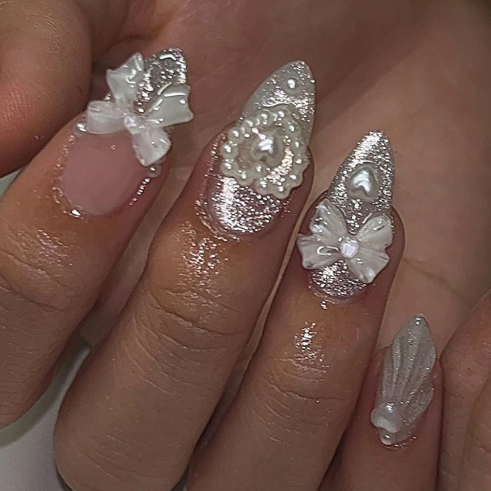 

French Gradient Cat Eye Shiny Nail Art 3D Bowknot Love Pearl Sparkling Fake Nails Detachable Finished False Nails Press on Nails