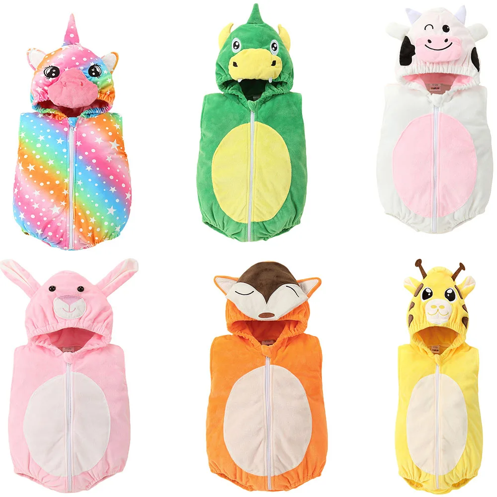 

Sleeveless Animal Hooded Baby Jump Suit Cute Dinosaur Unicorn Cow Bunny Giraffe Baby Romper Costume For Boys Girls 0-24M