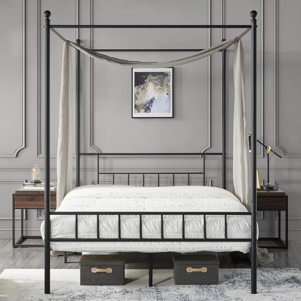 

Metal Canopy Platform Bed Frame Four-Poster Canopied Bed Mattress Foundation with Headboard and Footboard Sturdy Slatted