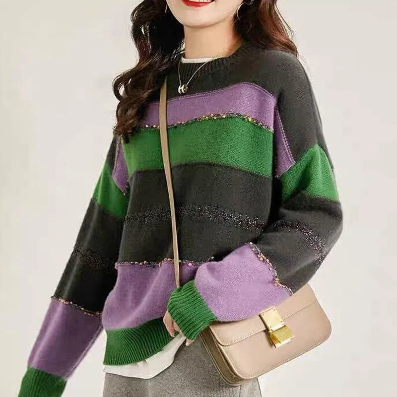 Autumn and Winter Fashion Korean Edition Spliced Colored Striped Round Neck Loose and Versatile Western Women\'s Knitted Sweater