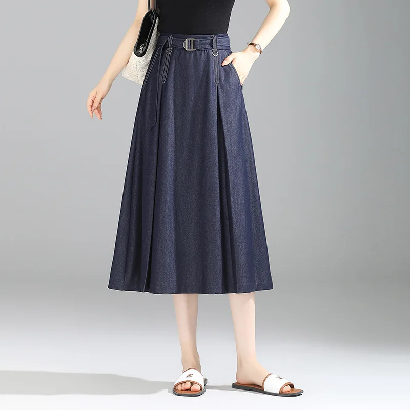 

High Waisted Casual Belt Denim A-line Skirt 2024 Spring or summer Fashion Versatile Temperament Commuting Lady Slimming Skirt