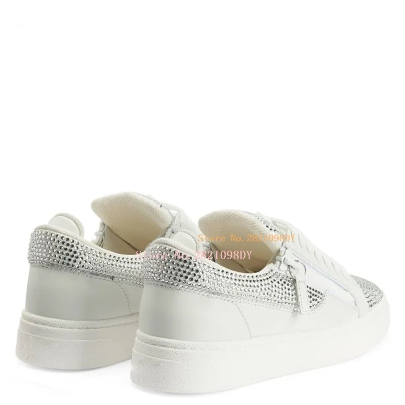 White Leather Women Shining Rhinestone Flats Loafers Slip-On Casual Shoes Comfort Female Crystal Footwear Low Top Sneakers Daily