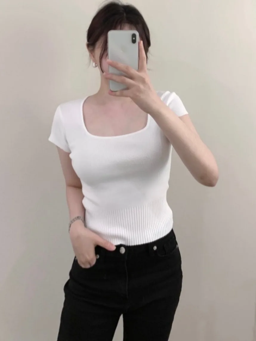 

Slim Fit ort Sve Knitted irt Women's Sle Summer Chic Square Collar Thin Material Versatile Basic Color Top
