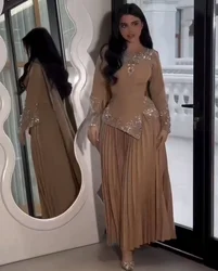 Champagne A Line Pleated Crystal Prom Dresses Long for Arabic Women 2025 Peplum Long Sleeve Formal Evening Gowns Customized