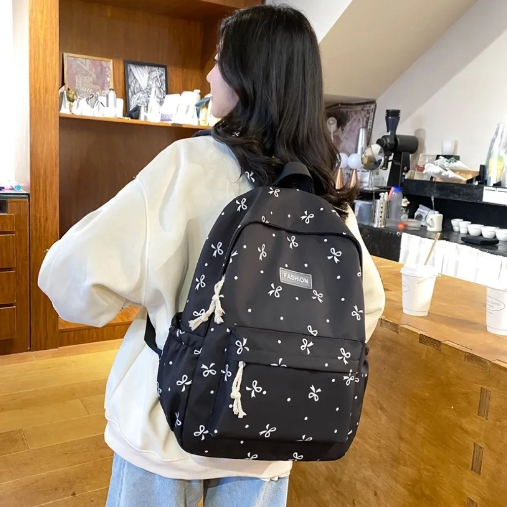 Nylon Material Bow Print Backpack Quilted Design Adjustable Straps Large Capacity School Bag Harajuku Reinforce Structure
