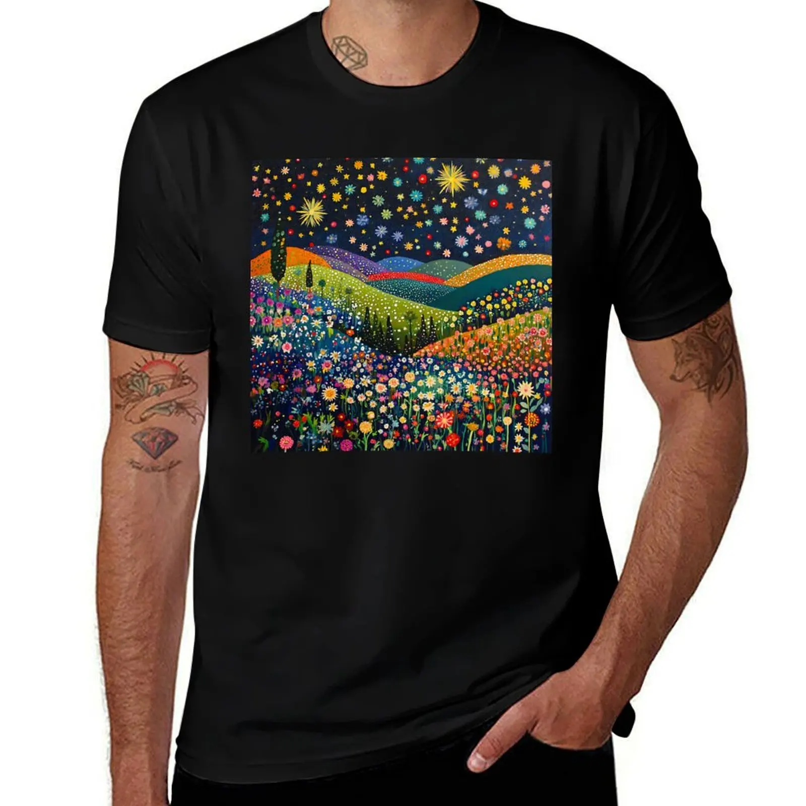 

Wild Flower Floral Landscape full of Stars T-Shirt graphic shirts Short sleeve tee cute tops blacks mens t shirts top quality