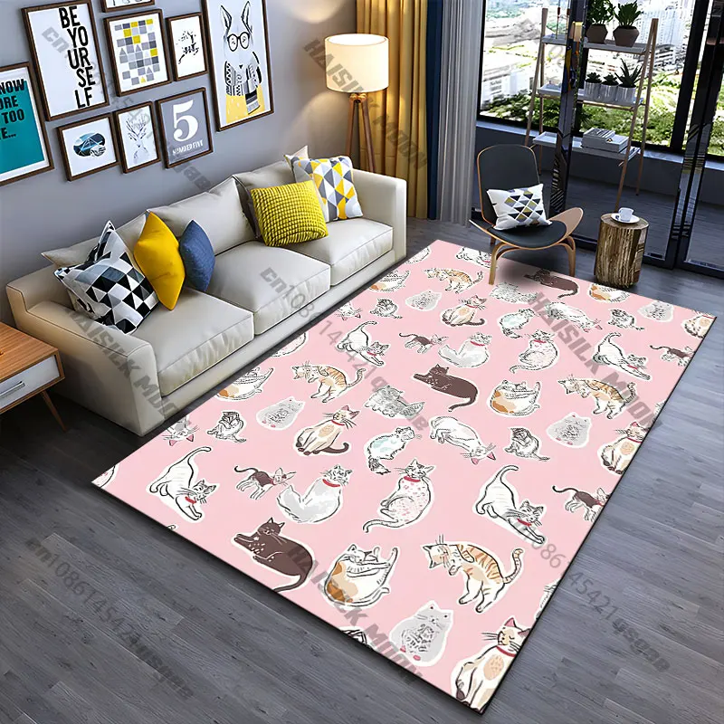 Playful cats on pink background carpet Yoga living room room decor children's crawling mat doormat area rug games mat