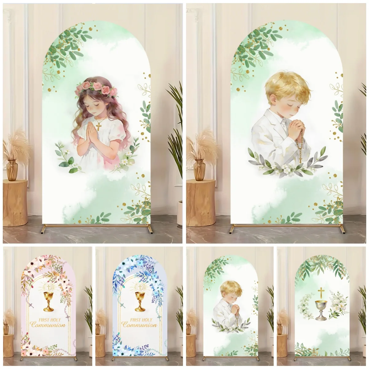 First Holy Communion Arch Cover Backdrop Praying Kids Floral