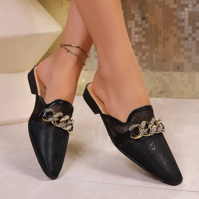 New Oversized Chain Rhinestone Flat Slippers for Women Wearing Pointed Mesh French MULler Shoes Women