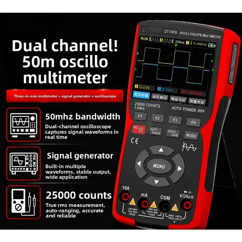 ZT-703S Handheld 2-Channel Oscillos cope Multimeter 3-in-1, High Precision Portable Oscillos cope Multimeter Combo