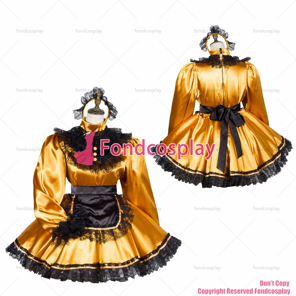 

fondcosplay adult sexy cross dressing sissy maid gold satin dress lockable Uniform black apron costume CD/TV[G3805]