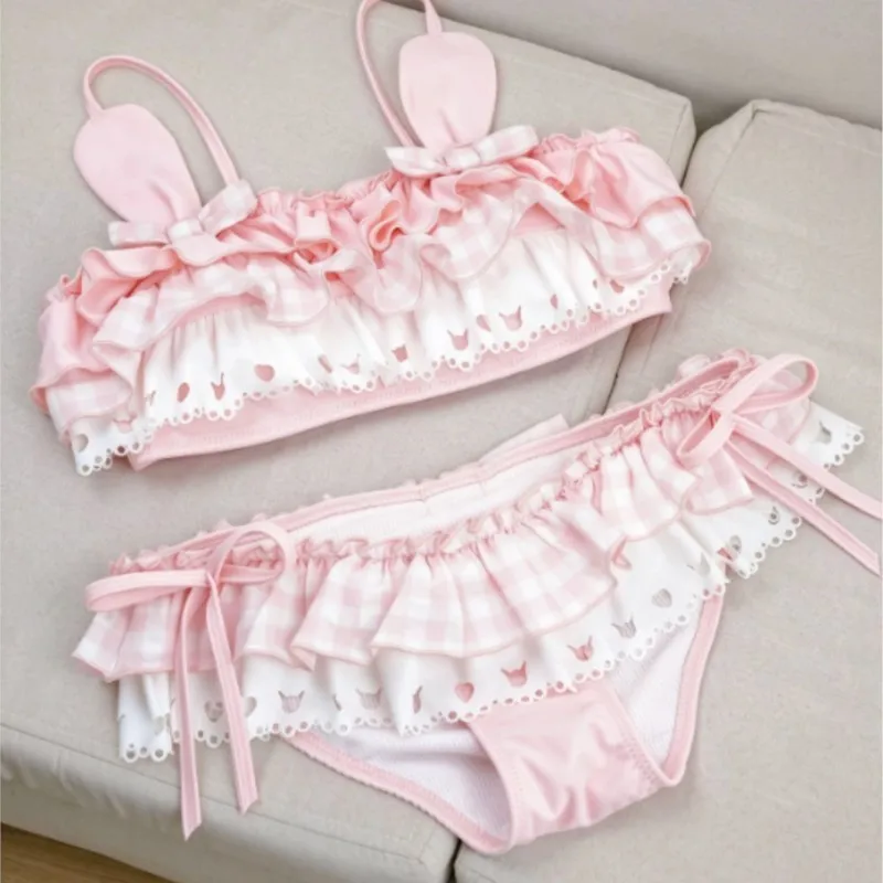 Women Kawaii Pink Gingham Bunny Ear Swimsuit, Ruffle Lace Skirted Jumpsuit Sweet Lolita Split Style Beach Bathing Suit Swimwear