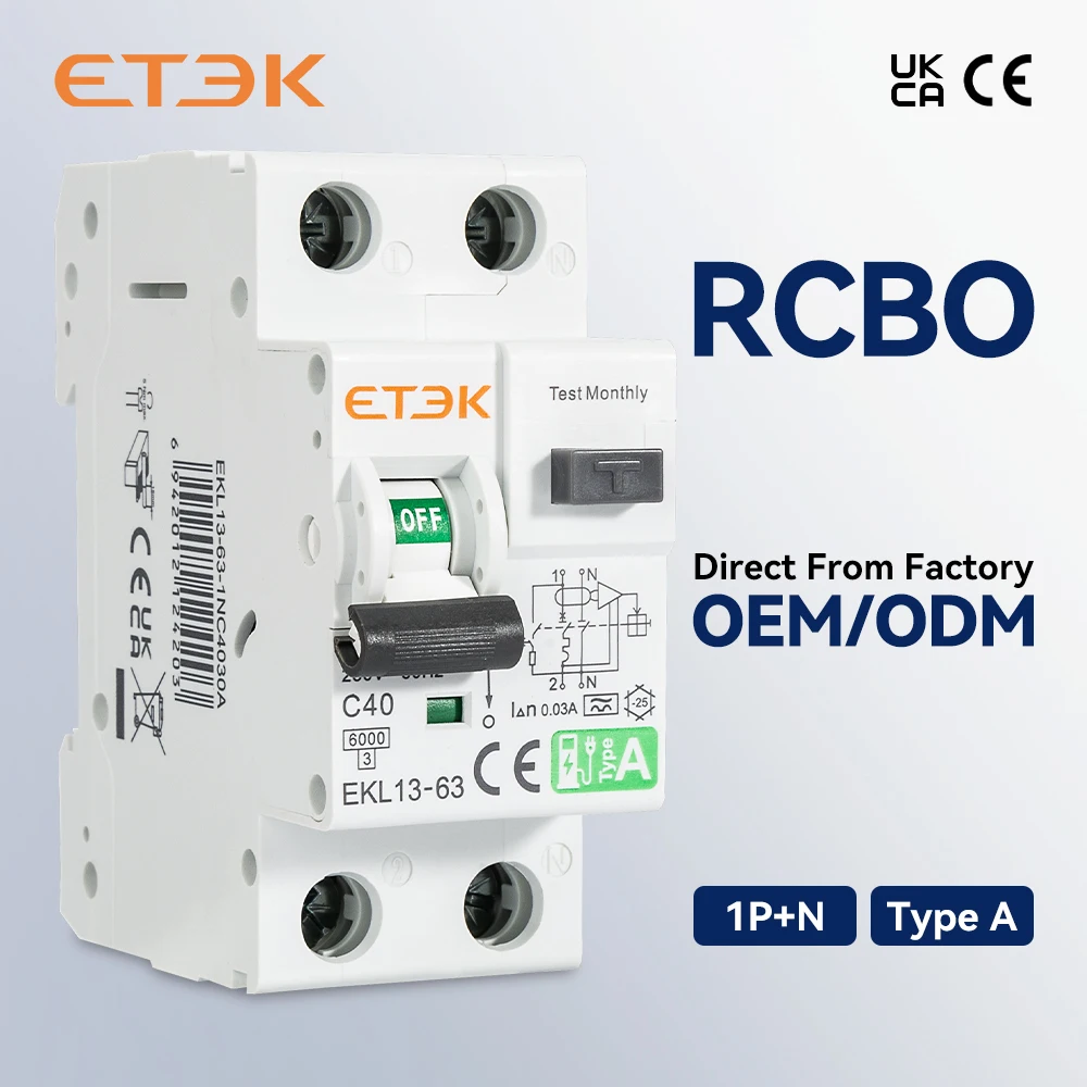 ETEK RCBO Low Voltage Residual Current Circuit Breaker A Type 30mA 1P N Short Current Leakage Protection RCD EKL13
