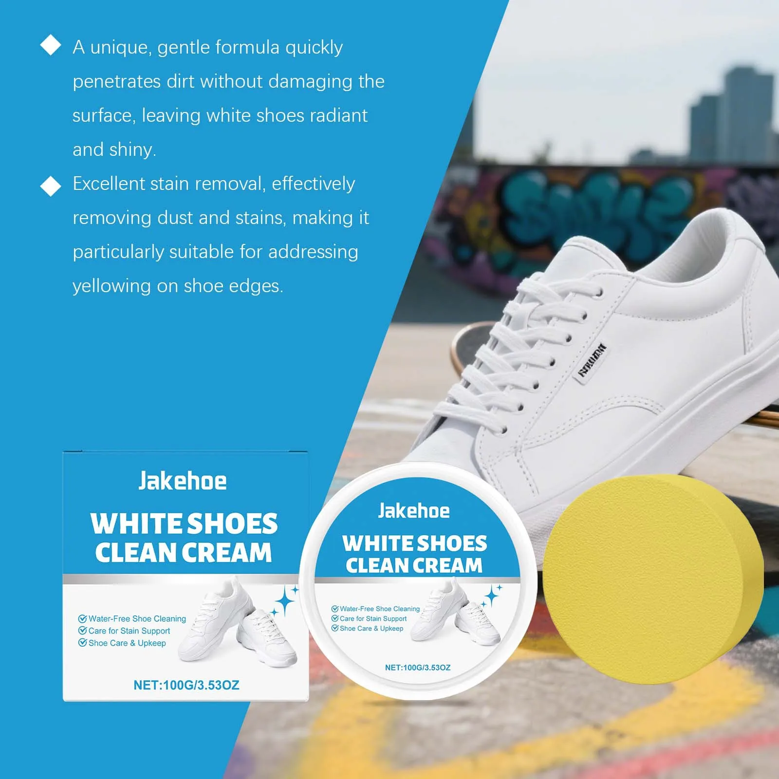 Multi-Purpose White Shoe Cleaning Cream with Sponge, No-Wash Stain Remover Paste for Sneakers, Leather, Canvas, Bags