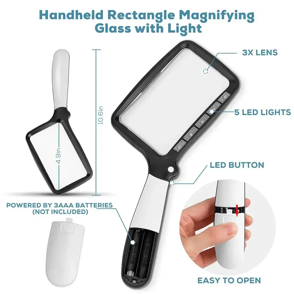 3X Reading Magnifier Handheld Magnifying Glasses with Dimmable LED Lights Potable Size Illuminated Large Optical Lens for Senior