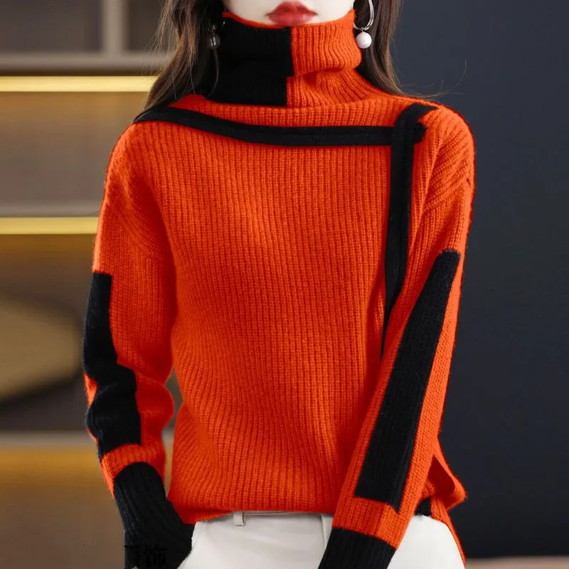 Women's Vintage Screw Thread Sweater High Neck Sweaters Autumn and Winter Loose Long Sleeve Patchwork Office Lady Knitted Tops